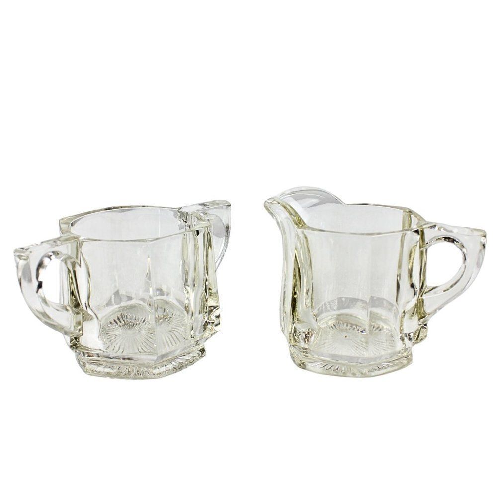 Vintage Sugar & Creamer Pressed Glass Thick Heavy Mid Century Starburst Pattern